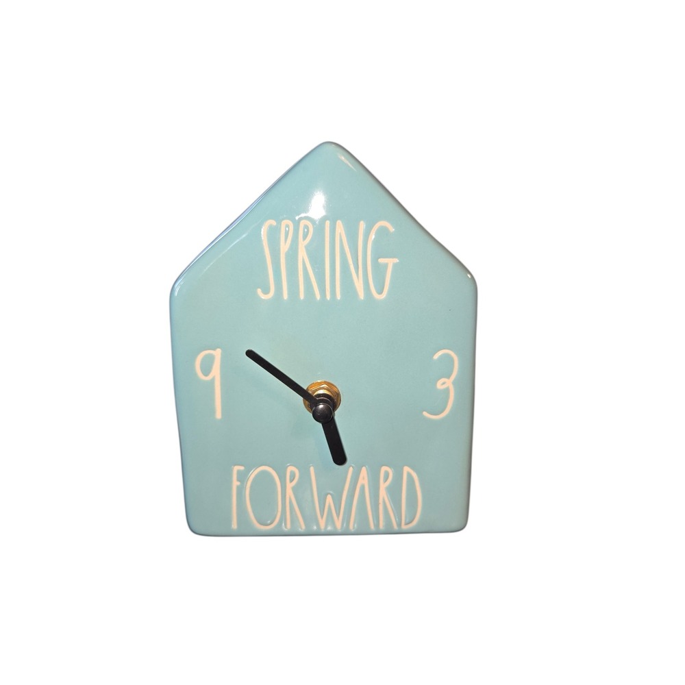 Rae Dunn Spring Forward House Shaped Ceramic Clock Aqua Blue 5.5"X4.25"X3.25"